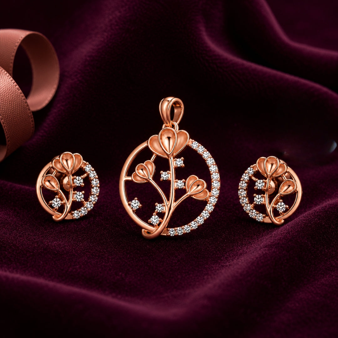 Sterling Silver Rose Gold Plated Flower Pendant(without chain) with Matching Earrings Set for Women & Girls