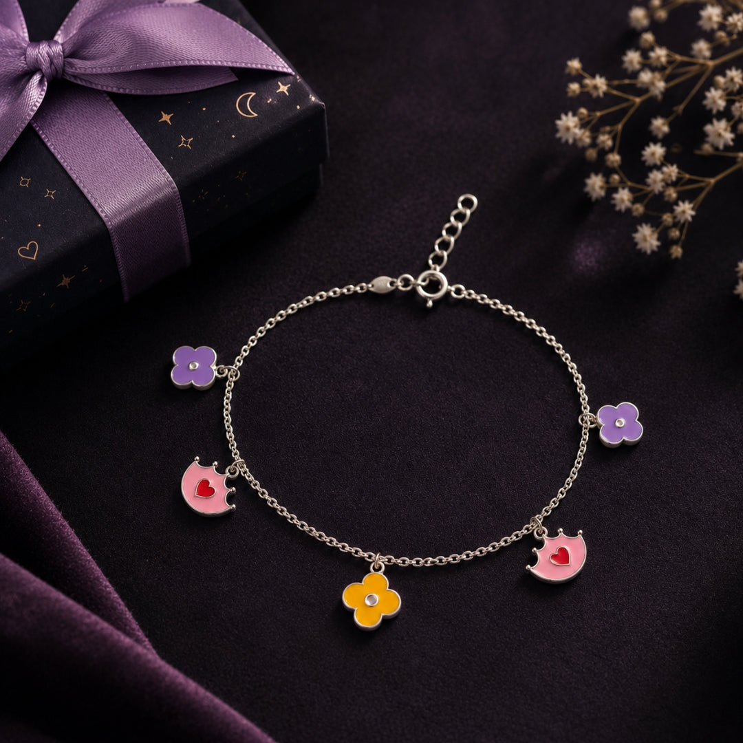 Sterling Silver Colourful Crown and Flower Charm Bracelet for Kids