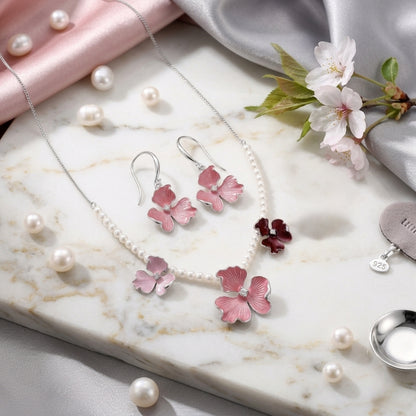 Sterling Silver Pink Floral Chain Pendant with Earrings Set for Women