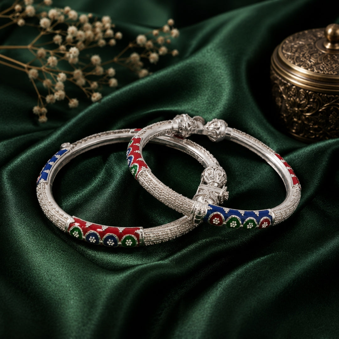 Sterling Silver Red and Blue Manipuri Bangle for Women