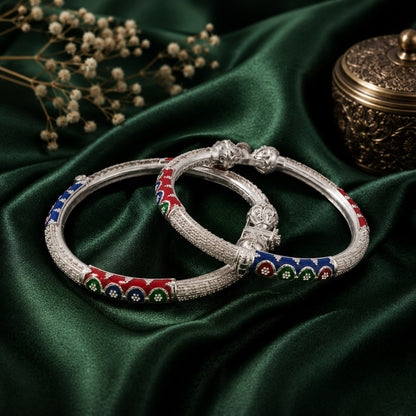 Sterling Silver Red and Blue Manipuri Bangle for Women