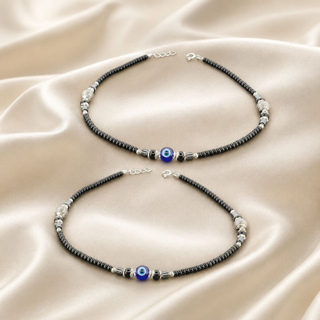 Sterling Silver Evil Eye Black Beaded Textured Silver Beads Nazariya Anklet for Women & Girls