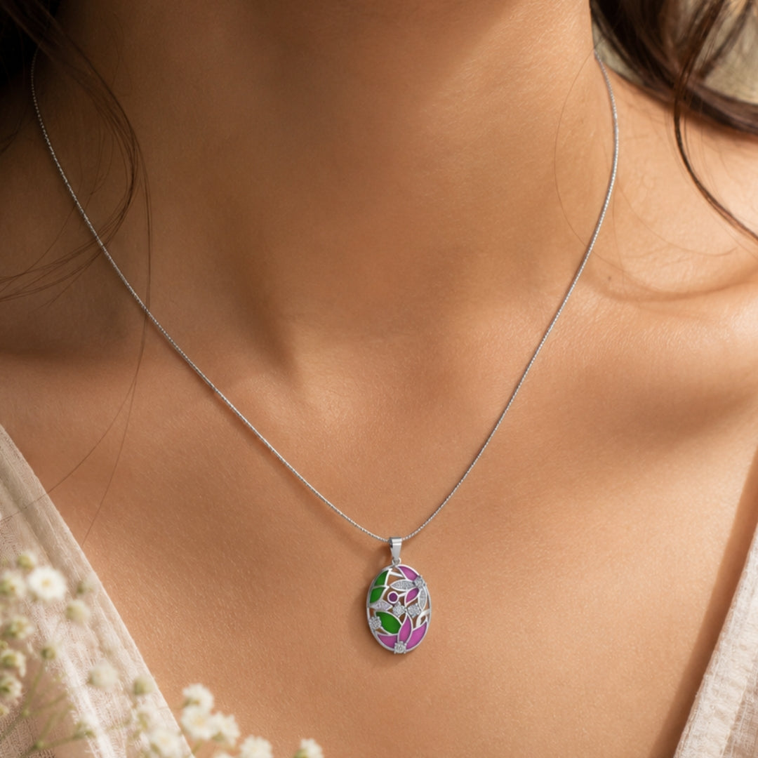 Sterling Silver Meenakari Floral Chain Pendant with Cubic Zirconia for Women and Girls