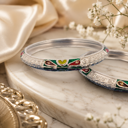 Sterling Silver Green Maroon Meenakari Manipuri Bangle Set for Women