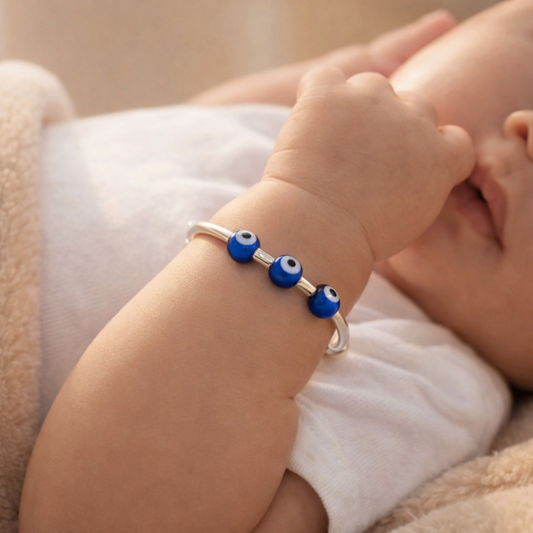 Sterling Silver Kids Adjustable Triple Evil Eye Nazariya Bangle