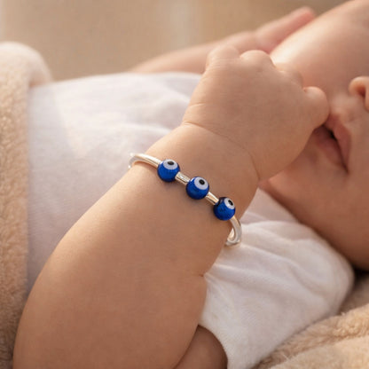 Sterling Silver Kids Adjustable Triple Evil Eye Nazariya Bangle