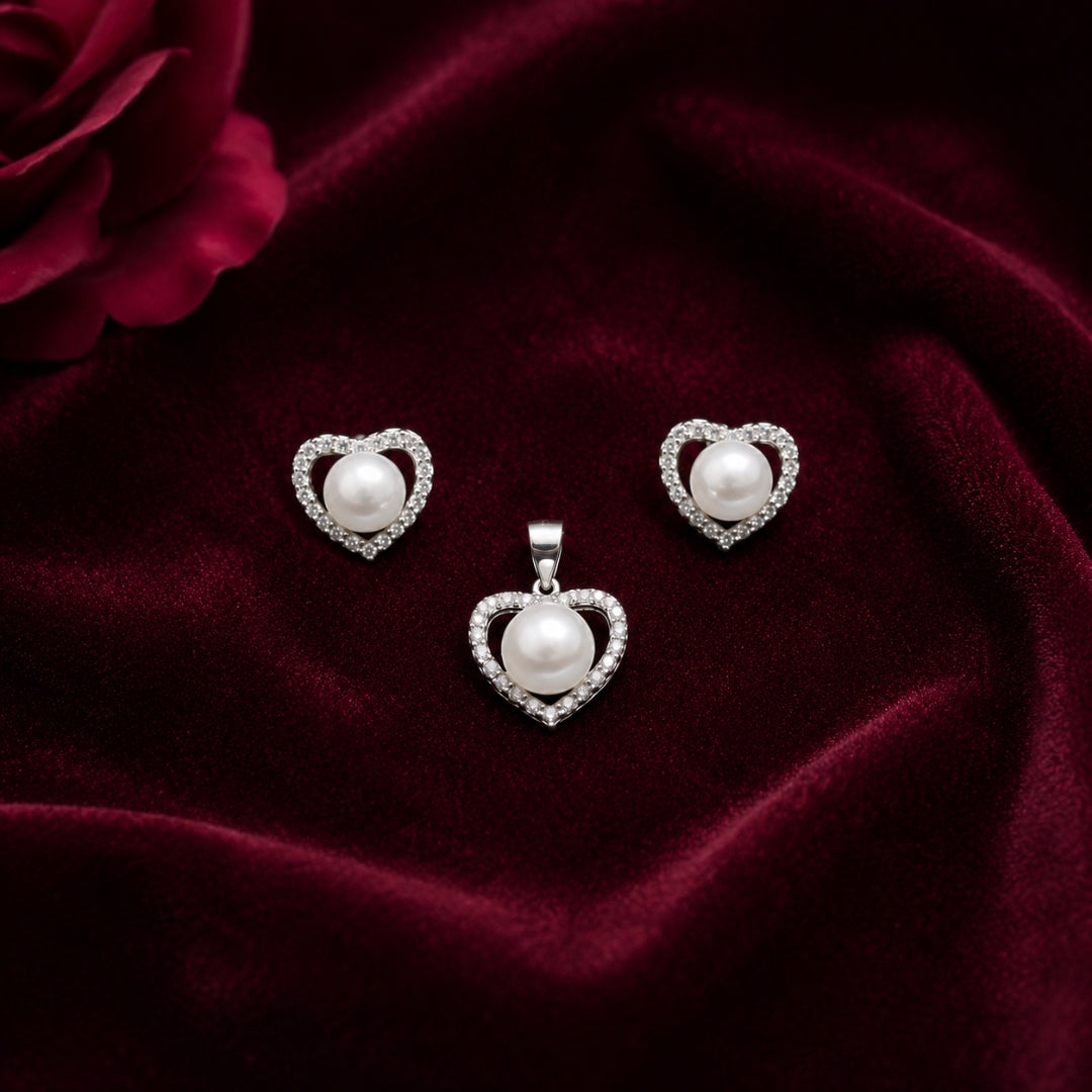 925 Sterling Silver Pearl in Heart Stone Pendant (without chain) with Earring Set for Women
