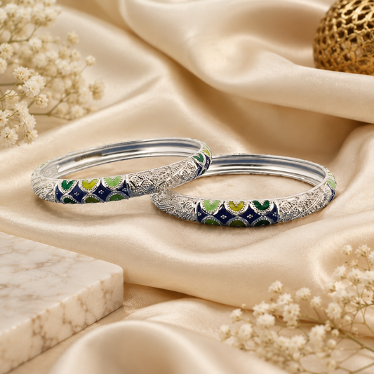 Sterling Silver Blue Green Meenakari Manipuri Bangle Set for Women