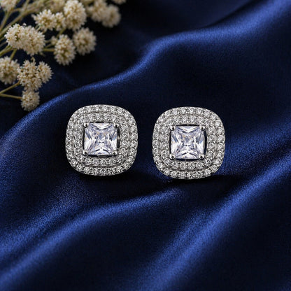 Sterling Silver Square Halo Stud Earrings for Women
