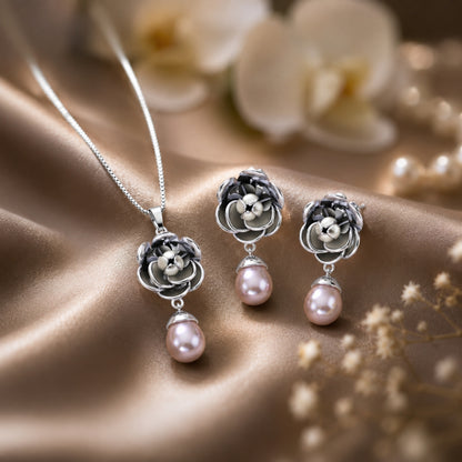 Sterling Silver Floral Pearl Drop Chain Pendant and Earrings Set for Women & Girls