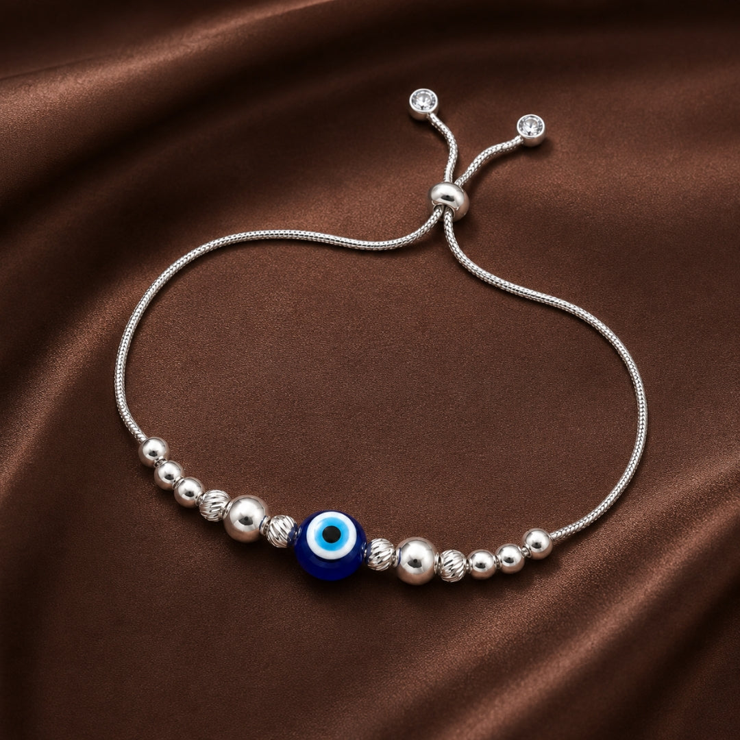 925 Sterling Silver Blue Evil Eye Textured Bead Adjustable Bracelet for Women
