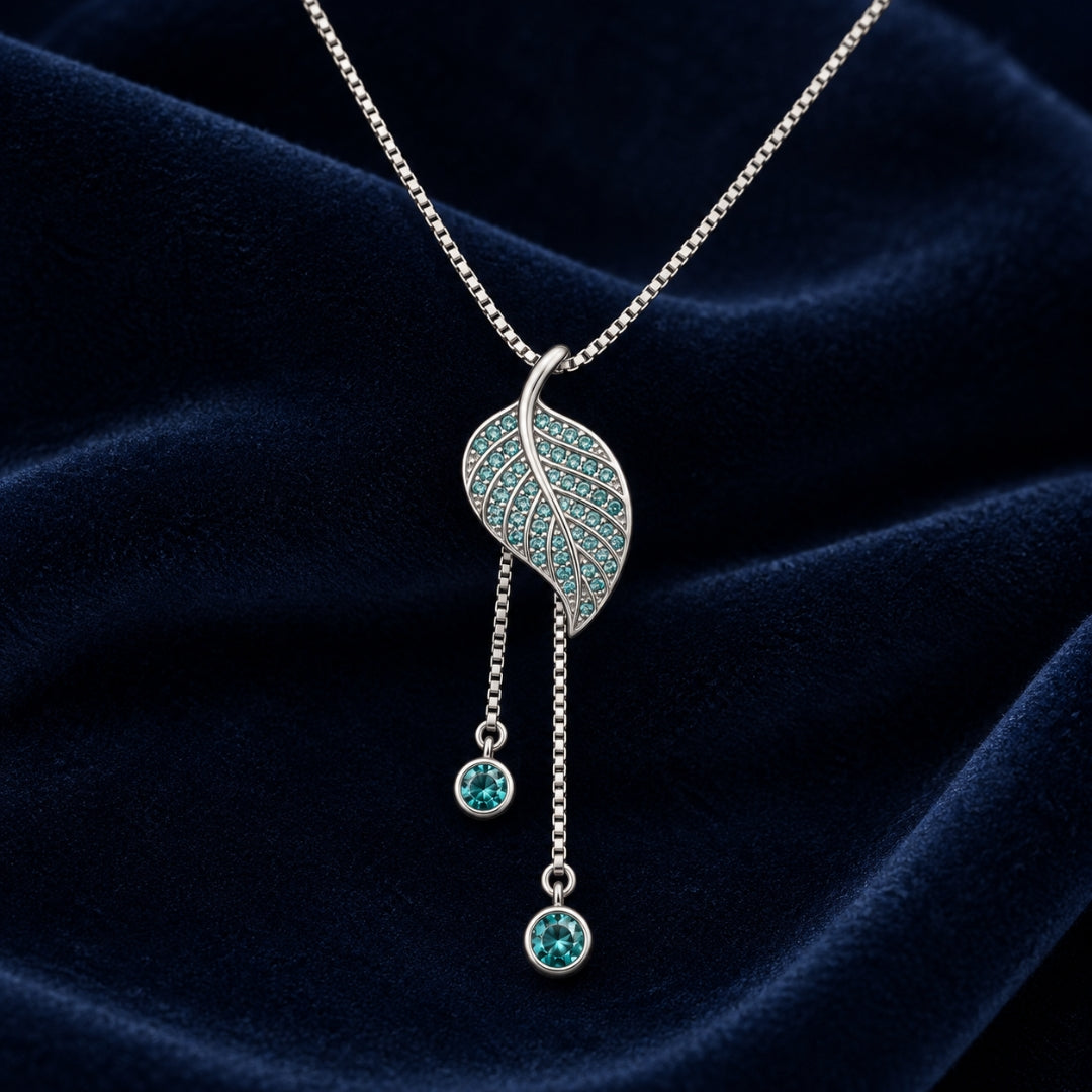 925 Sterling Silver Aqua Stone Leaf Drop Chain Pendant for Women