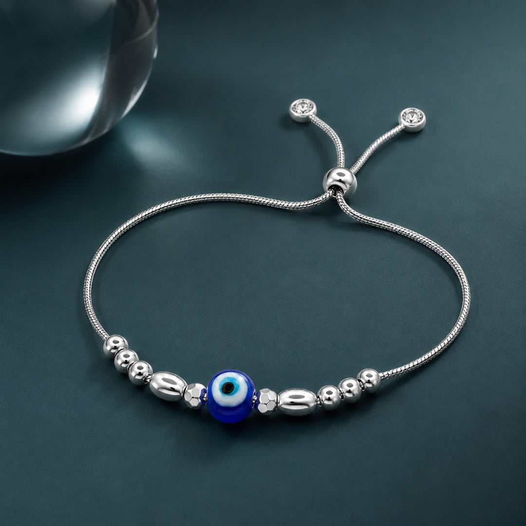 925 Sterling Silver Blue Evil Eye Oval Beads Adjustable Wristlet for Women