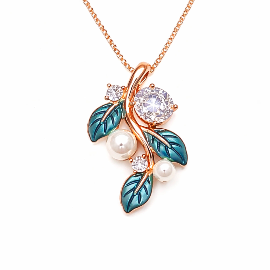 Sterling Silver RoseGold Plated Leaf Chain Pendant with Earrings Set for Women