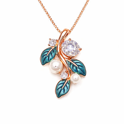 Sterling Silver RoseGold Plated Leaf Chain Pendant with Earrings Set for Women