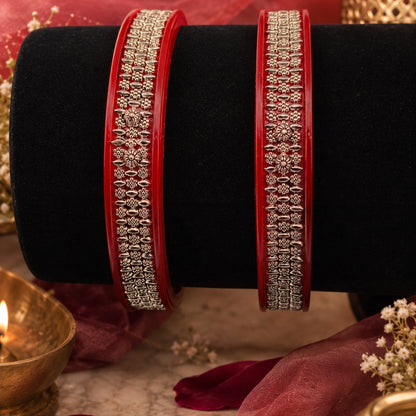 925 Sterling Silver Red Pola Bangle Pair with Traditional Motif Detailing for Women