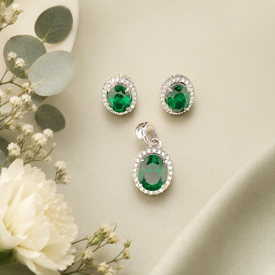 Sterling Silver Green Oval Stone and Cubic Zirconia Pendant(without chain) with Matching Earring Set for Women and Girls