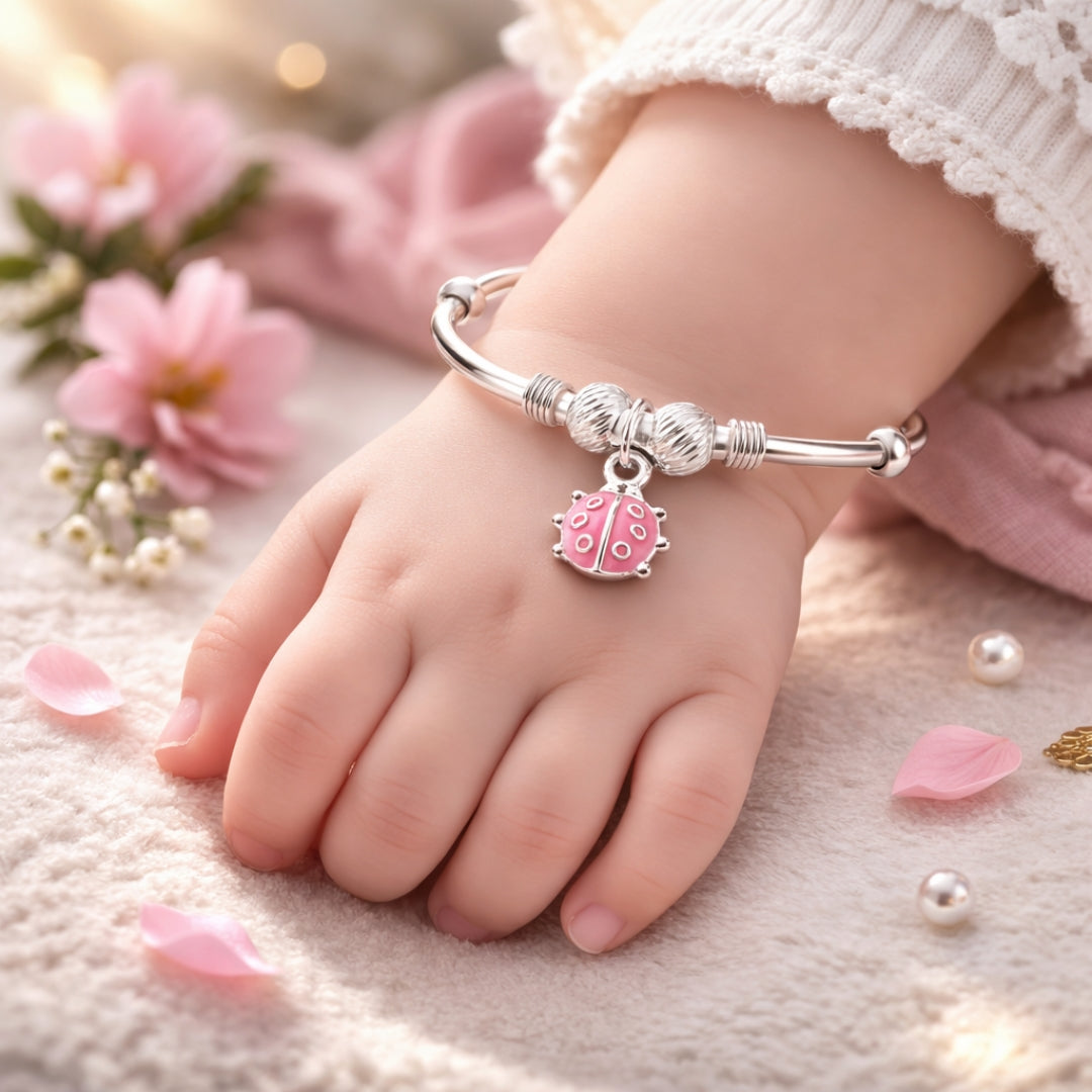 925 Sterling Silver Kids Adjustable Ladybug Charm Bangle