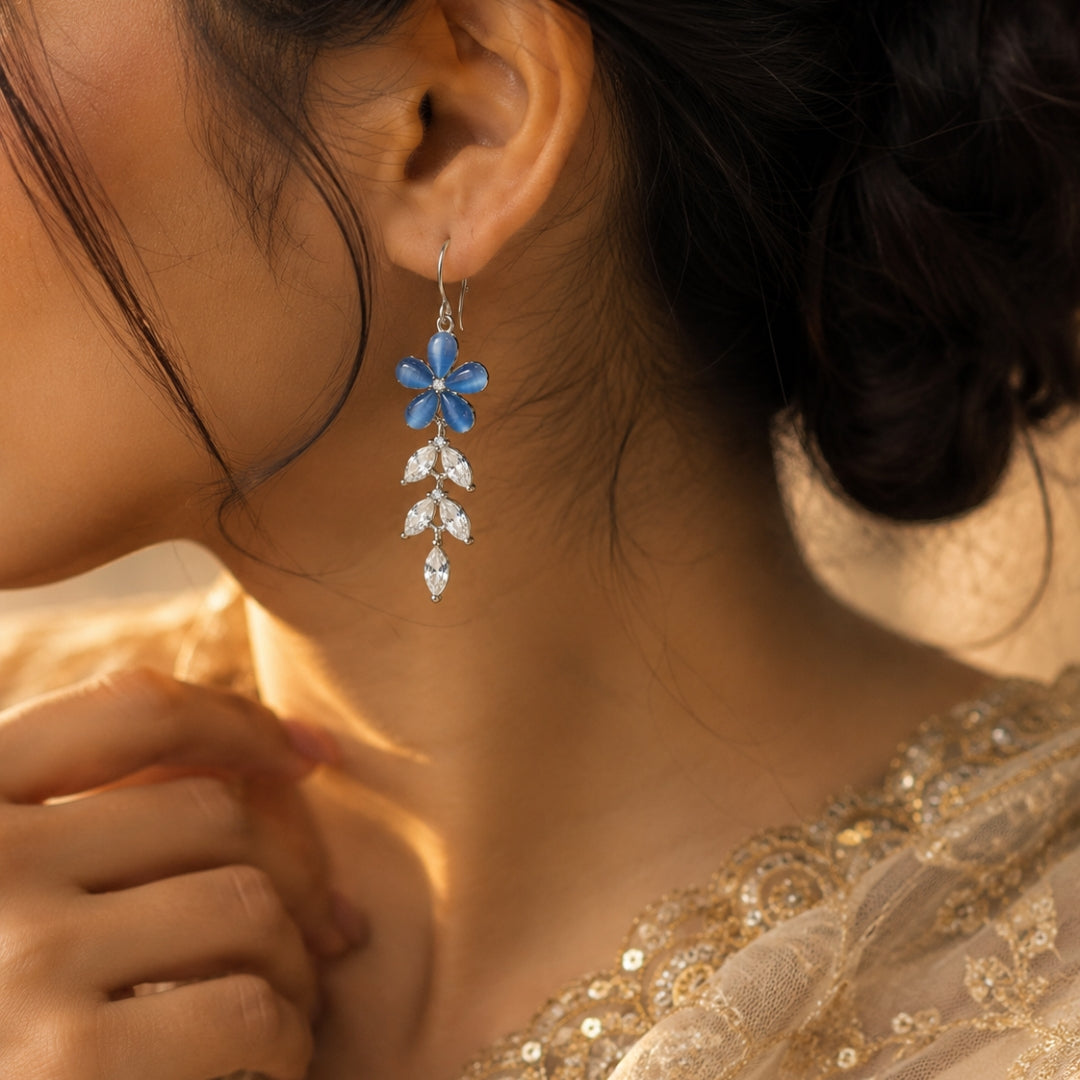 Sterling Silver Blue Floral CZ Leaf Dangler Earrings for Women