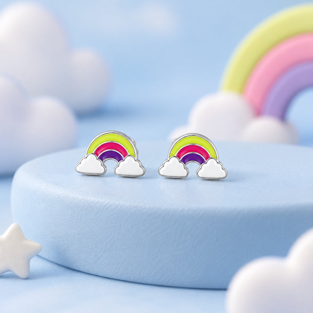 925 Sterling Silver Green, Pink & Purple Rainbow Cloud Stud Earrings for Girls