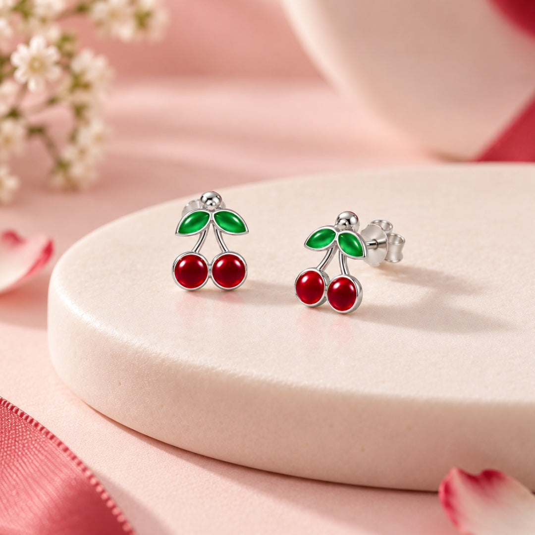 925 Sterling Silver Dark Red Cherry Stud Earrings for Girls