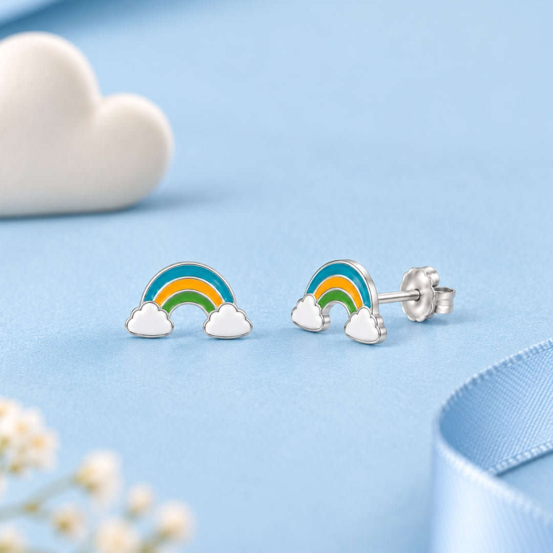 925 Sterling Silver Teal, Orange & Green Rainbow Cloud Stud Earrings for Girls