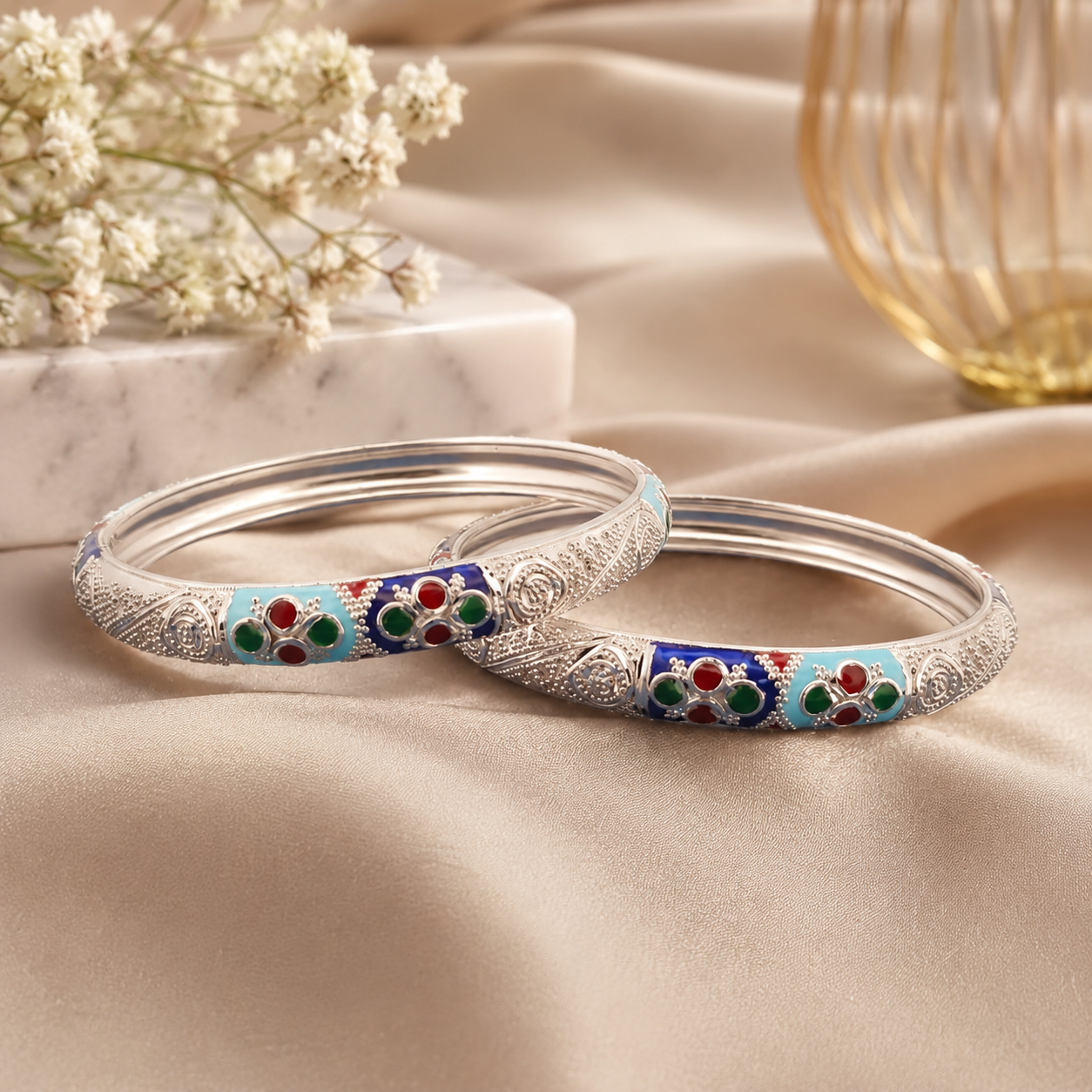 Sterling Silver Sky Blue Floral Meenakari Manipuri Bangle Set for Women