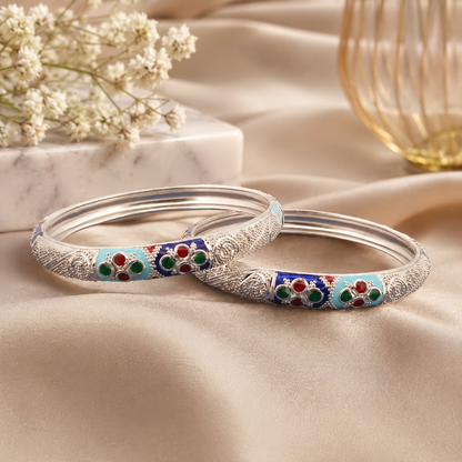 Sterling Silver Sky Blue Floral Meenakari Manipuri Bangle Set for Women