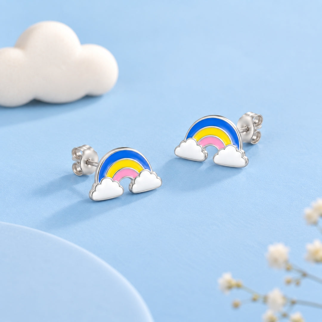 925 Sterling Silver Blue, Yellow & Pink Rainbow Cloud Stud Earrings for Girls