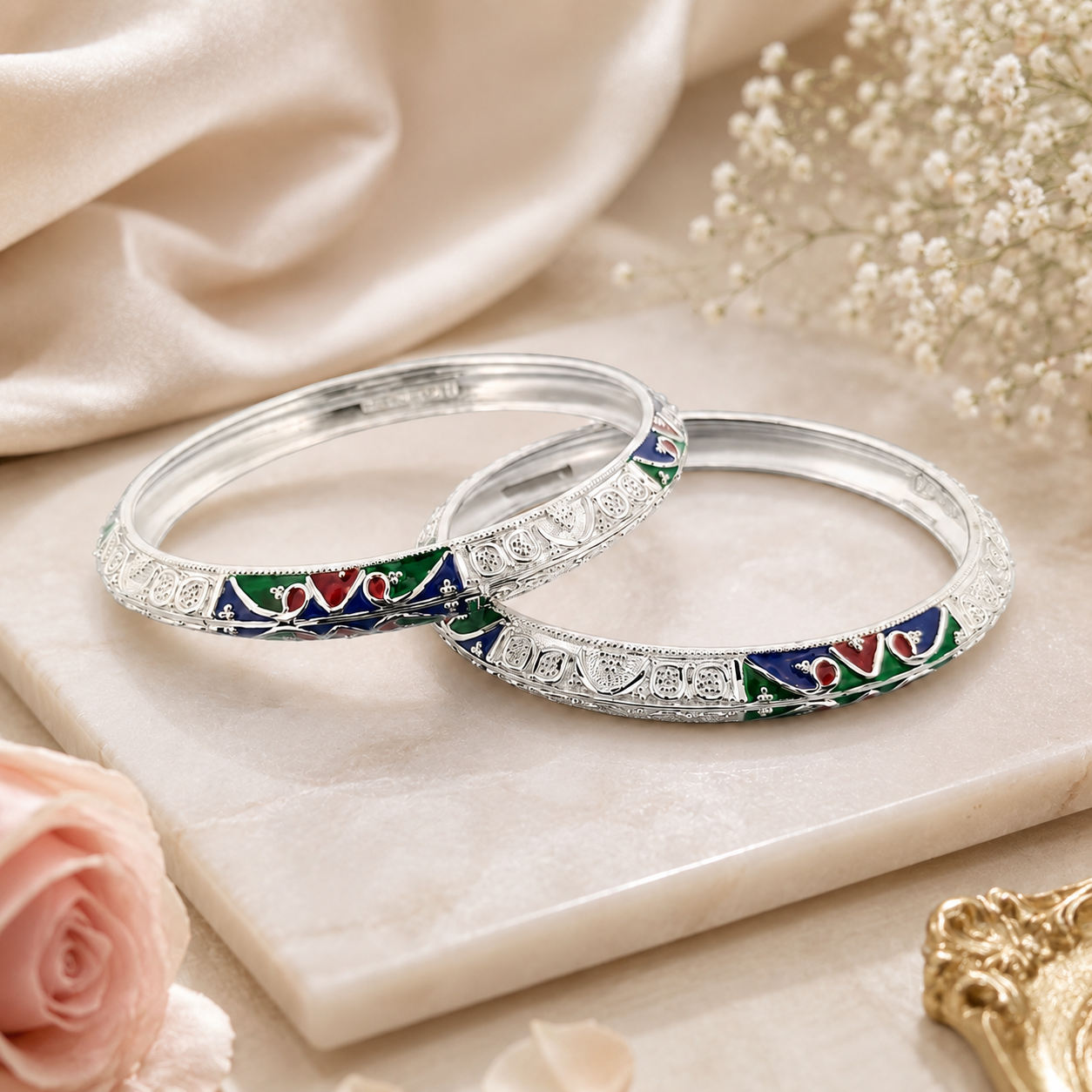 Sterling Silver Manipuri Meenakari Floral Bangle Set for Women