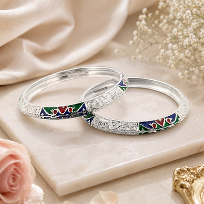 Sterling Silver Manipuri Meenakari Floral Bangle Set for Women