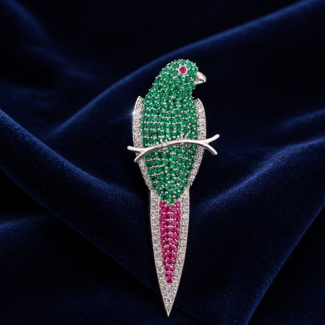 Sterling Silver Green Stone Studded Bird Brooch Cum Pendant for Men and Women