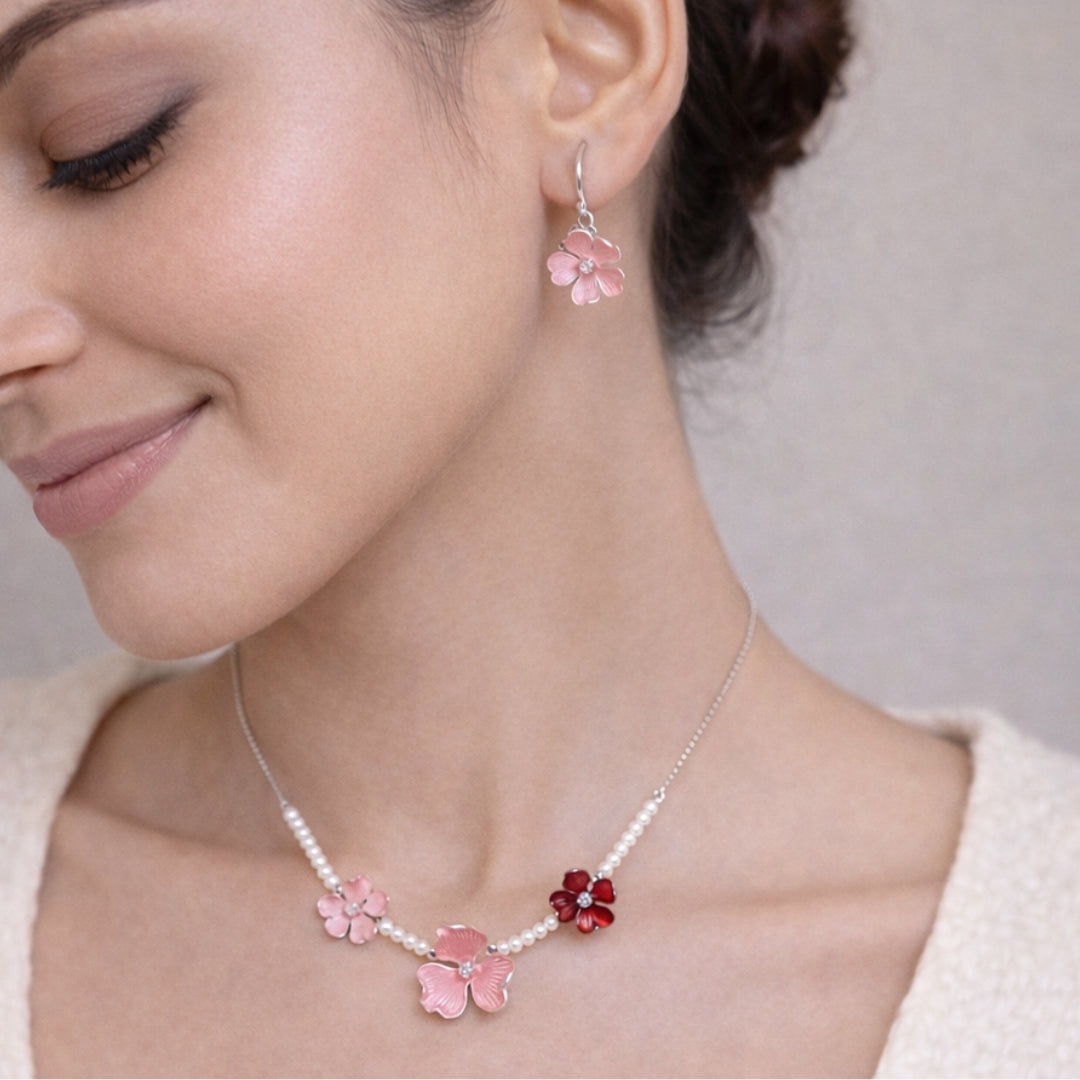 Sterling Silver Pink Floral Chain Pendant with Earrings Set for Women