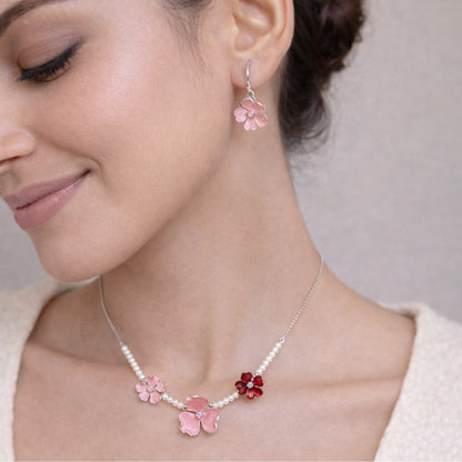 Sterling Silver Pink Floral Chain Pendant with Earrings Set for Women