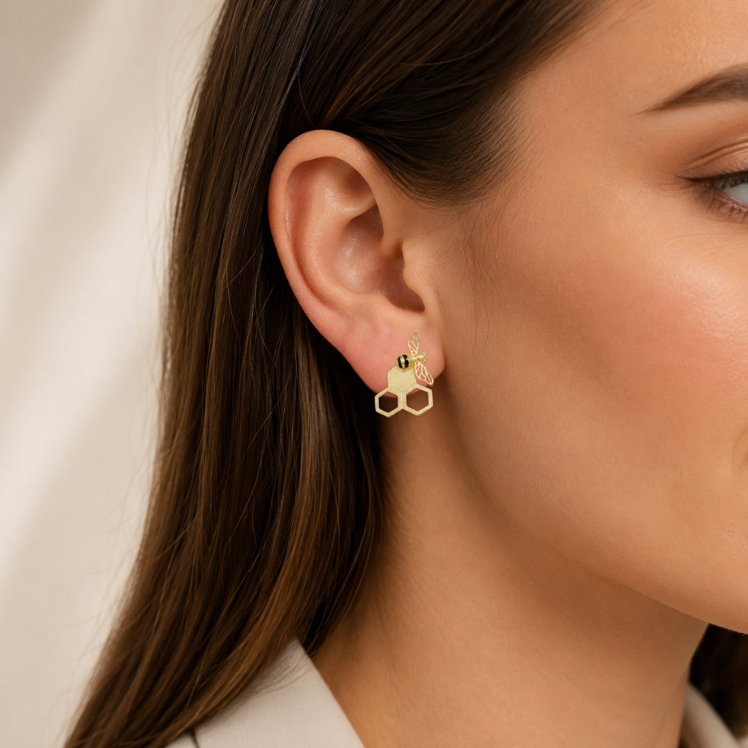 Sterling Silver Gold Plated Honeycomb Bee Stud Earrings For Women & Girls