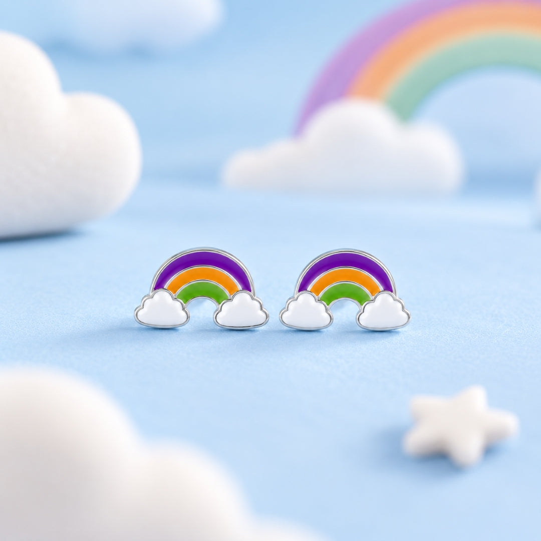 925 Sterling Silver Purple, Orange & Green Rainbow Cloud Stud Earrings for Girls