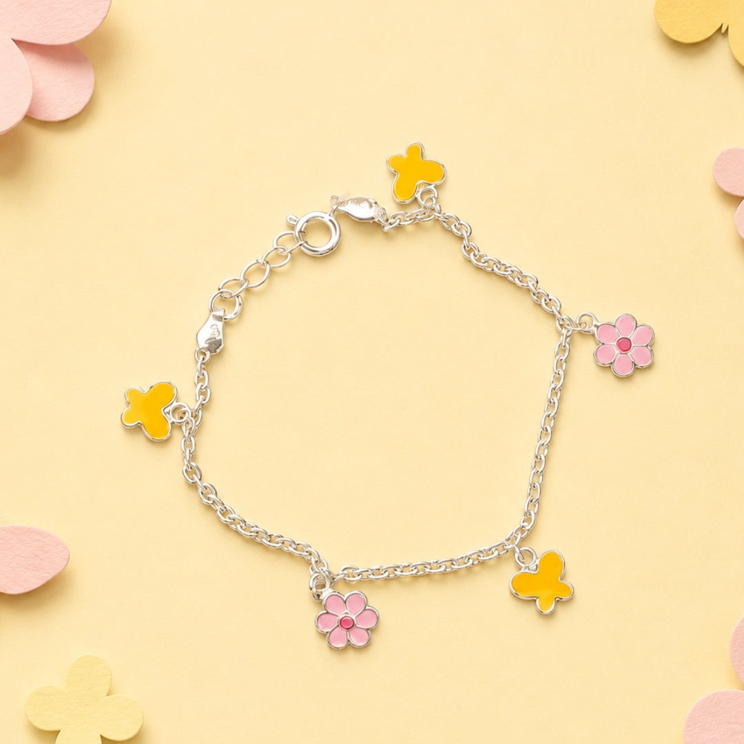 Sterling Silver Butterfly & Flower Enamel Charm Bracelet for Kids