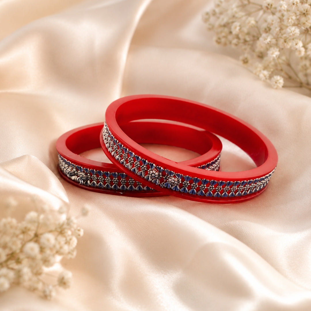 925 Sterling Silver Red Pola Bangle Pair with Floral Band Detailing for Women