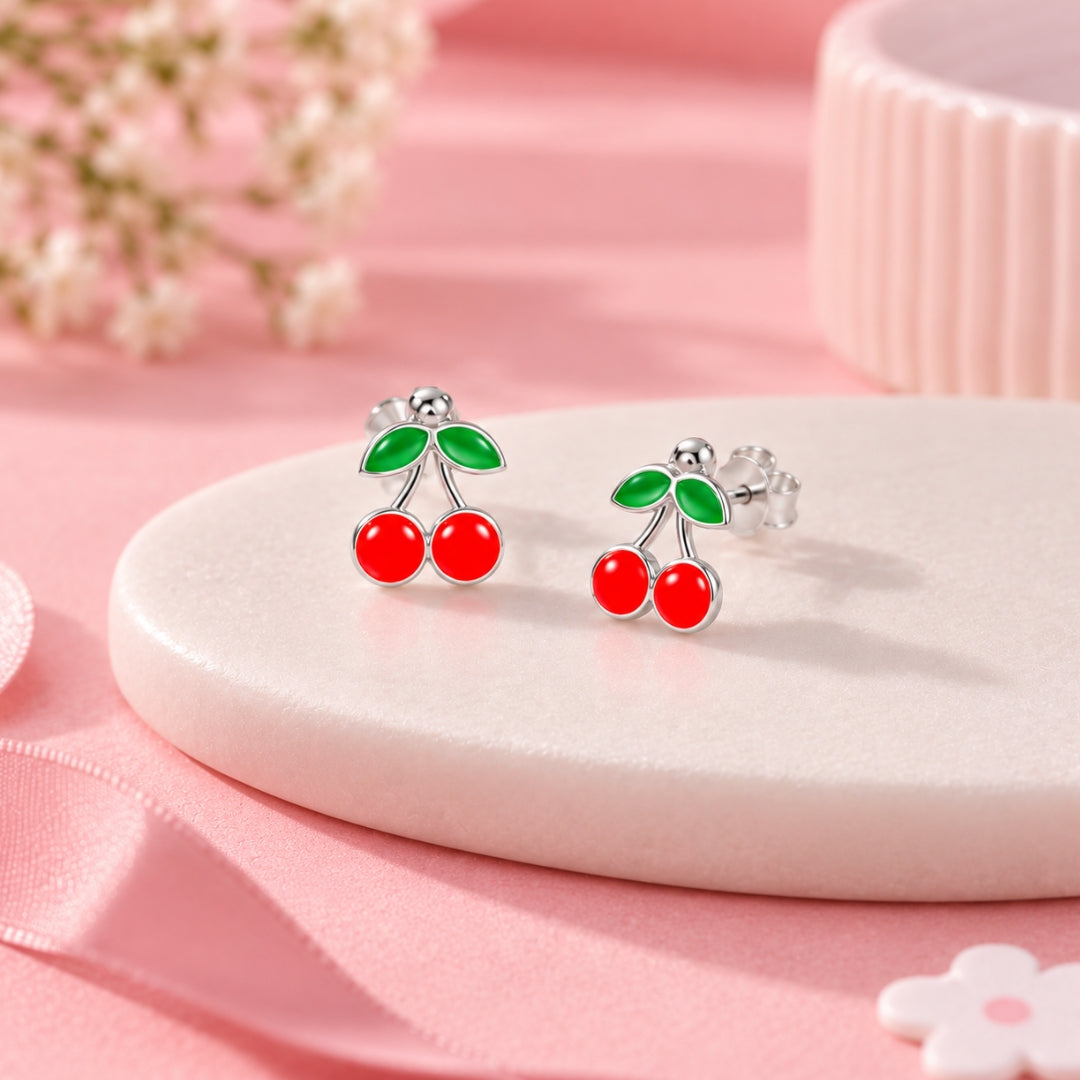 925 Sterling Silver Cherry Red Stud Earrings for Girls