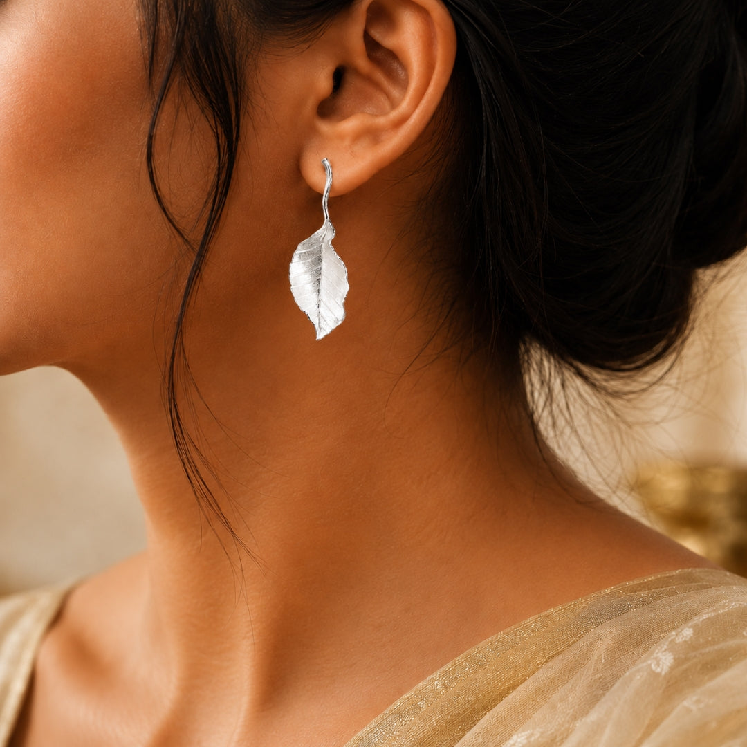 Sterling Silver Textured Leaf Drop Earrings For Women and Girls