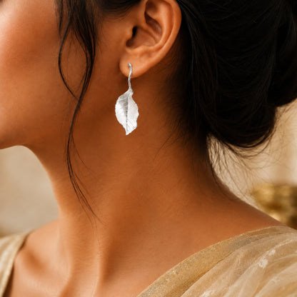 Sterling Silver Textured Leaf Drop Earrings For Women and Girls