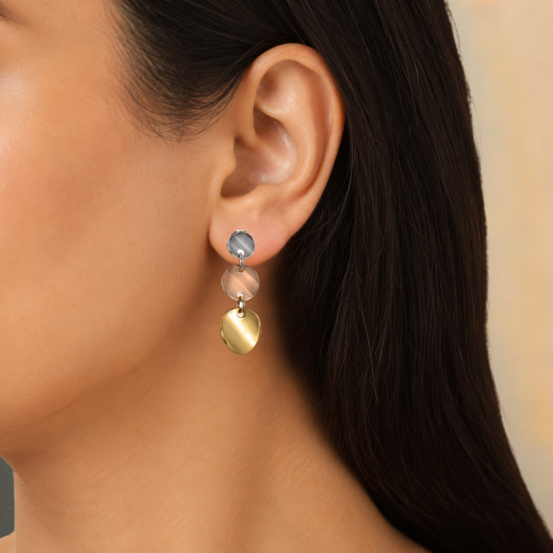 Sterling Silver Triple Tone Round Disc Dangle Earrings for Women and Girls