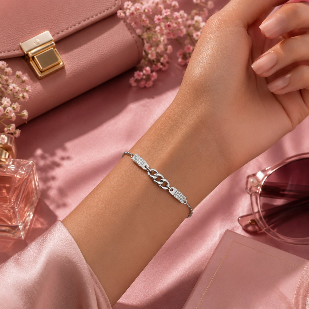 Sterling Silver Link Bracelet with Cubic Zirconia Bar Accents for Women and Girls