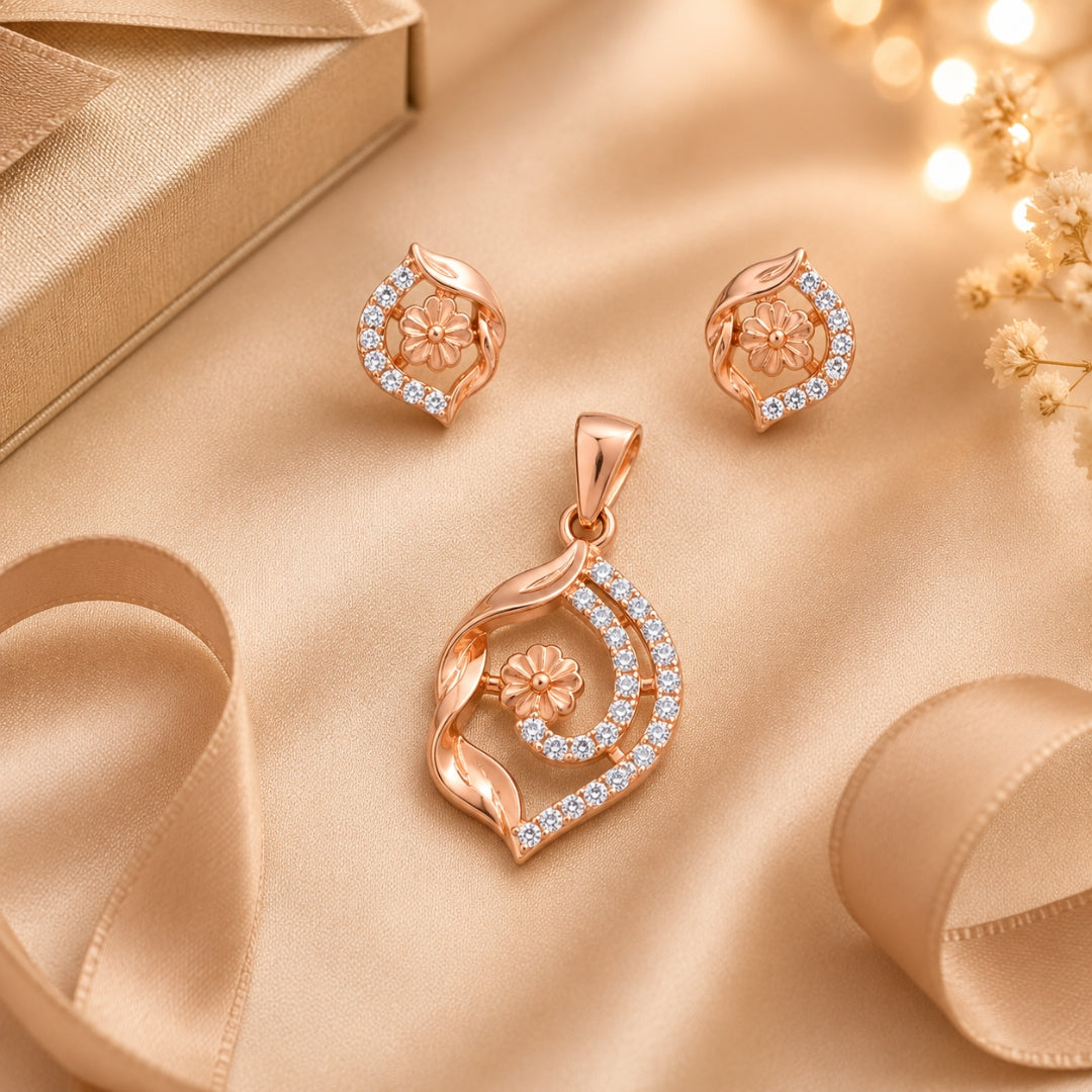 Sterling Silver Rose Gold Plated Floral Leaf Pendant(without chain) with Matching Stud Earrings Set for Women and Girls
