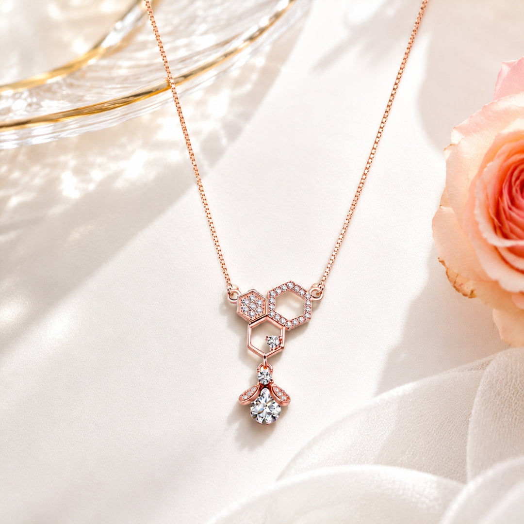 Sterling Silver Rose Gold Plated Bee Hanging Hive Pendant With Chain For Women & Girls