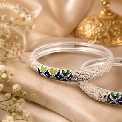 Sterling Silver Blue Green Meenakari Manipuri Bangle Set for Women