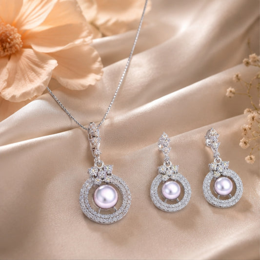 Sterling Silver Cubic Zirconia Studded Pearl Style Pendant Chain and Earrings Set for Women and Girls