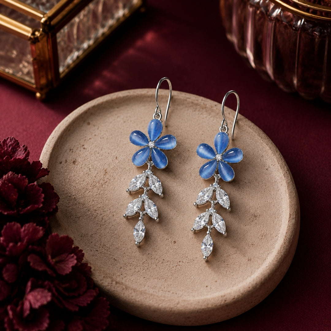 Sterling Silver Blue Floral CZ Leaf Dangler Earrings for Women
