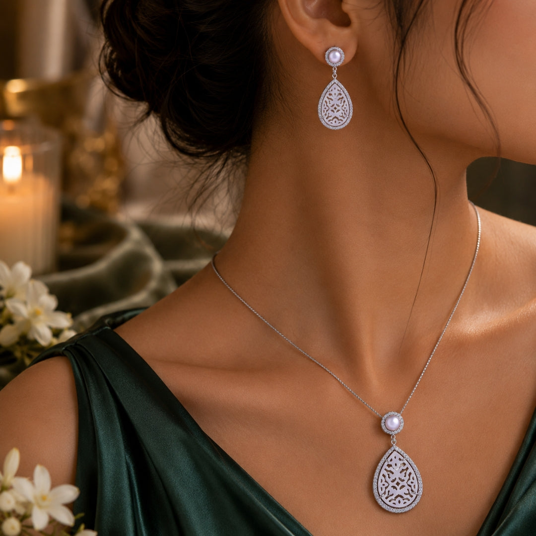 Sterling Silver Mother of Pearl Teardrop Chain Pendant with Earrings Set for Women and Girls