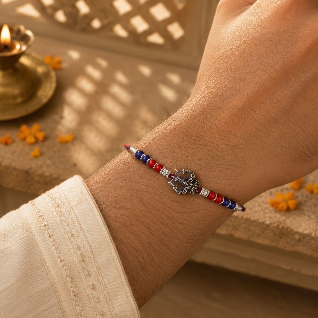 Sterling Silver Oxidised Three Spears Damru Rakhi for Brother